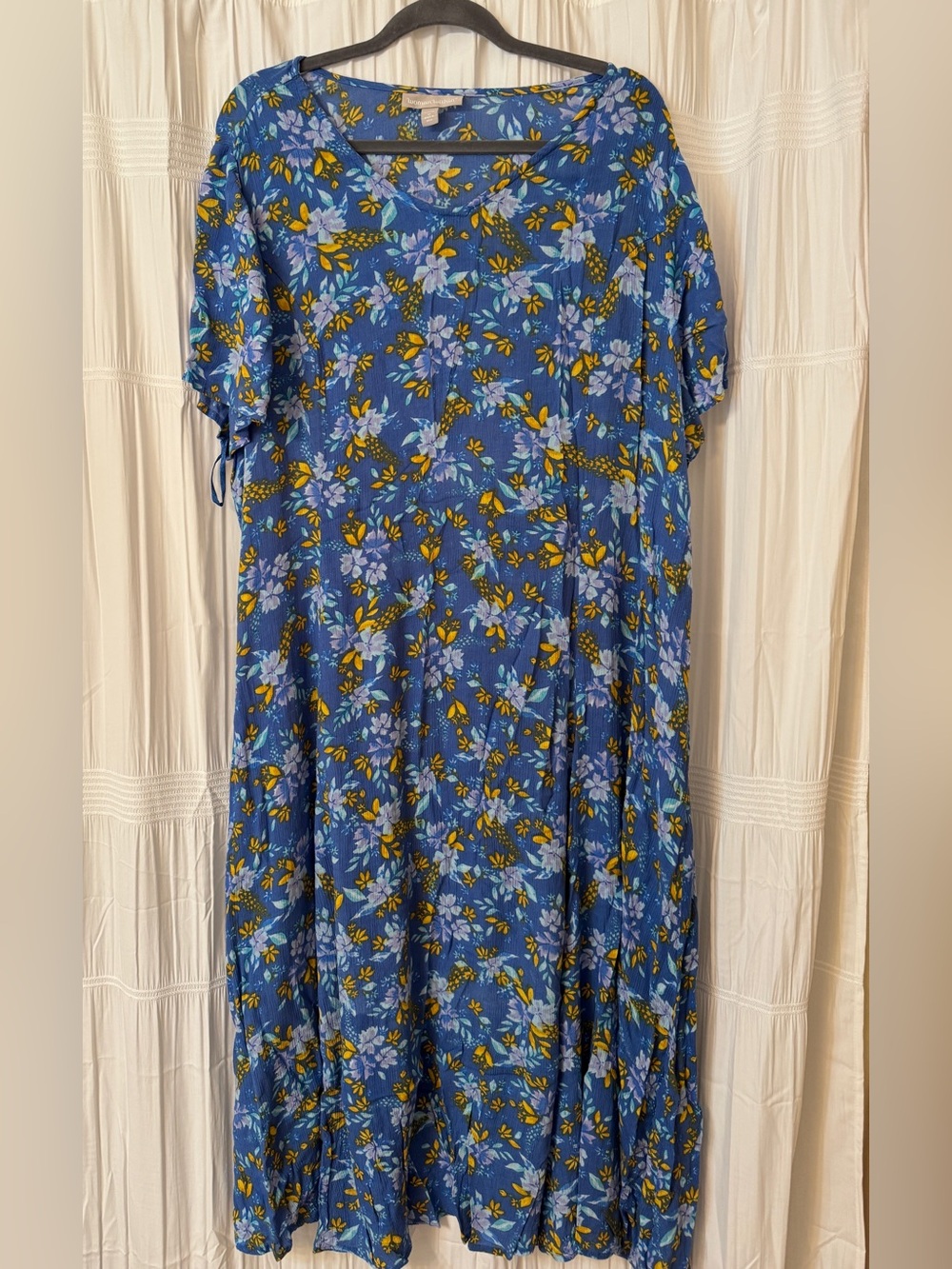 Woman Within Blue Floral V-Neck crinkle Maxi Dress with Mustard Accents
